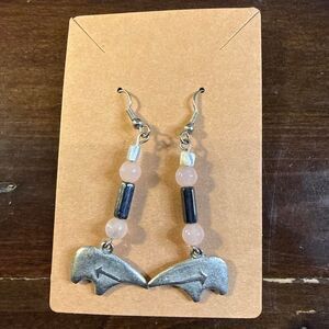 Silvertone bear earrings with pink and black beads